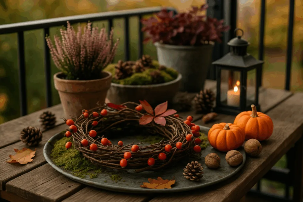 Balkon herbstlich dekorieren - 3 schöne Ideen zum Nachmachen Herbstliche Balkondeko mit Kranz, Kürbissen und Laterne auf Holztisch