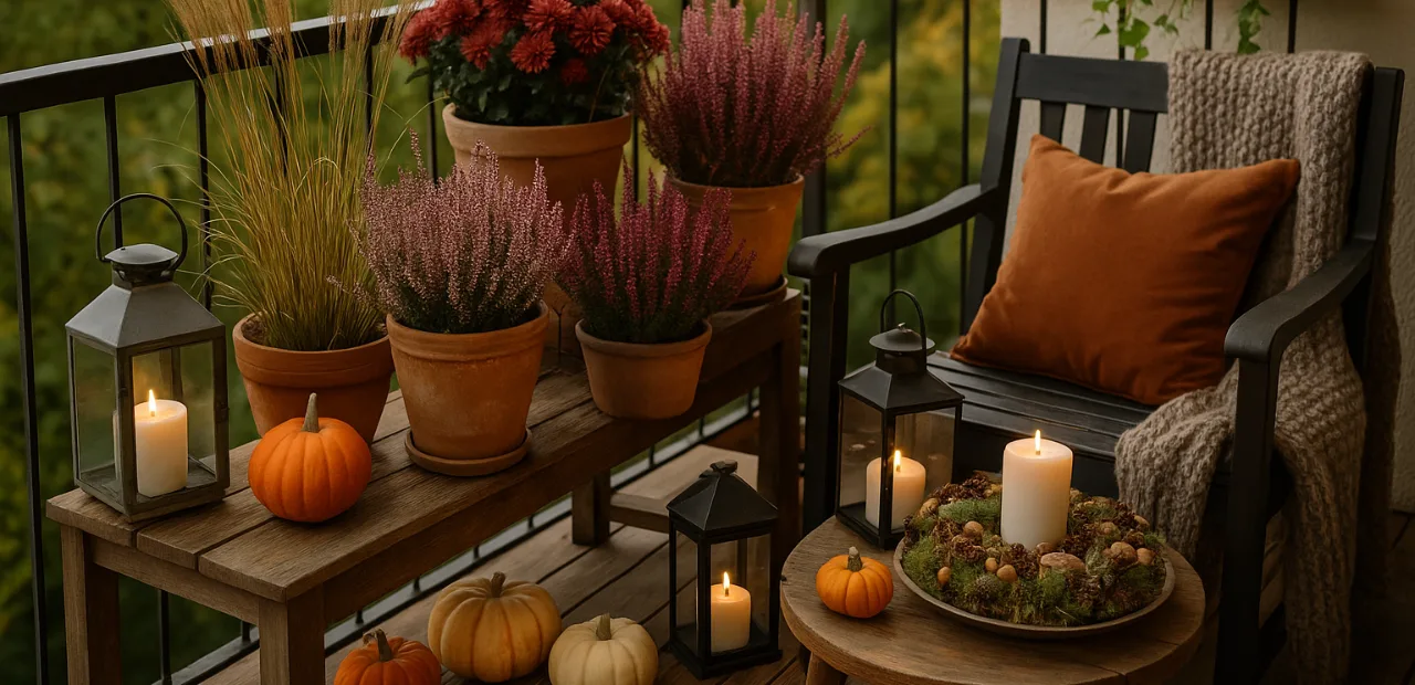 Herbstlich dekorierter Balkon mit Kürbissen, Kerzen und Pflanzen – gemütliche Balkon Deko Ideen für den Herbst.