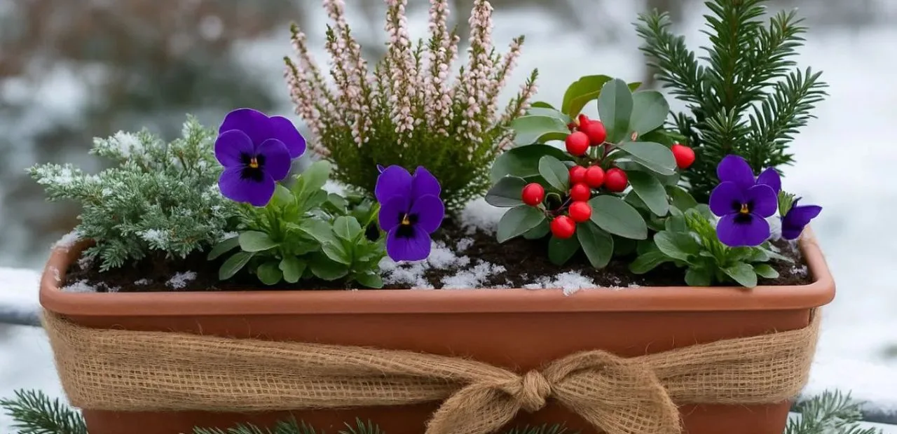 Blumenkasten im Winter bepflanzen – so gelingt’s garantiert Blumenkasten im Winter bepflanzt mit Schneeheide, Veilchen und Scheinbeere auf verschneitem Balkon