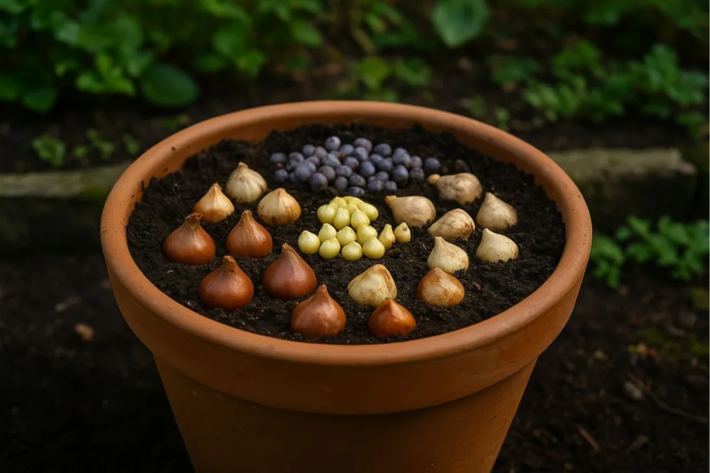 Blumenzwiebeln pflanzen - so machst du es richtig Blumenzwiebeln im Topf und Beet, verschiedene Zwiebeln in Erde mit Tontopf im Garten, Frühling, Pflanzzeit