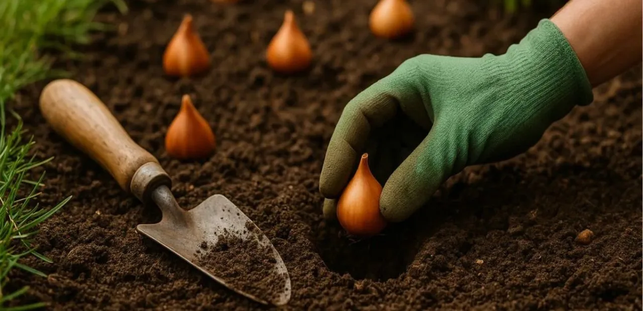 Gärtner pflanzt Blumenzwiebeln in lockere Erde – Schritt für Schritt zum farbenfrohen Frühlingsgarten.