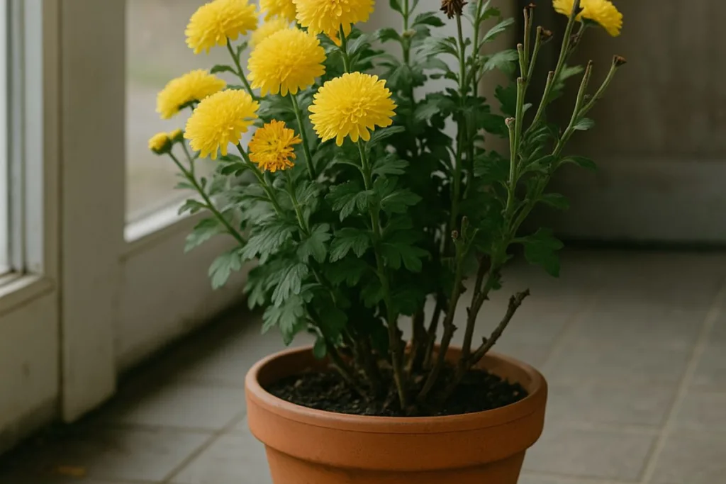 Gelbe Chrysantheme im Tontopf am Fenster – Tipps zum Chrysanthemen im Topf überwintern