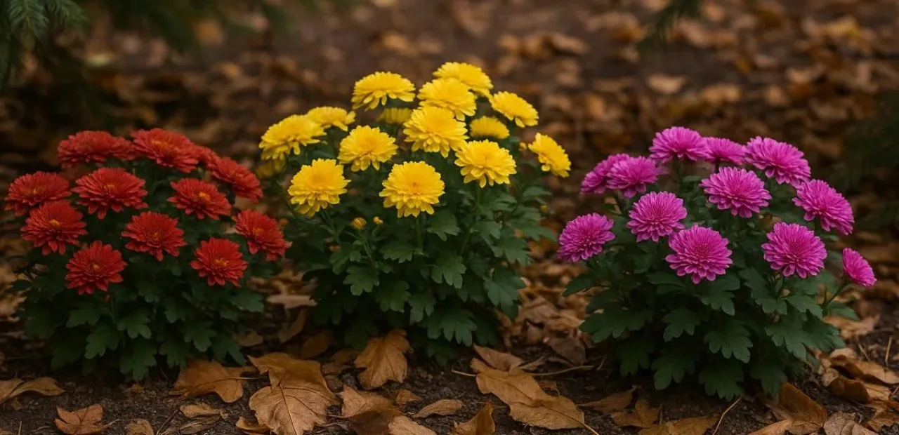 Bunte Chrysanthemen im Herbstbeet mit Laub – Tipps zum Chrysanthemen überwintern im Garten