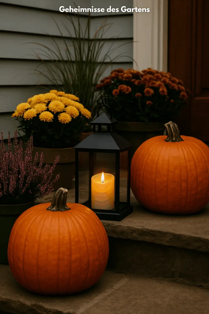 Hauseingang im Oktober mit Kürbissen, Chrysanthemen und Laternen dekoriert