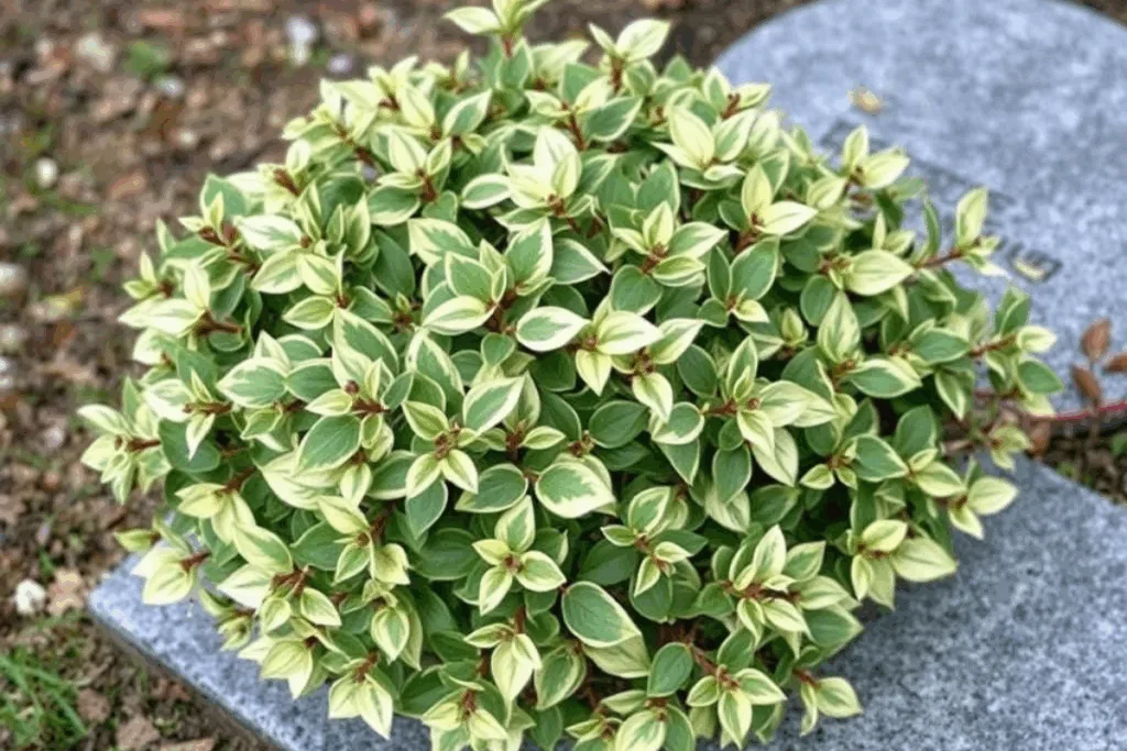 Spindelstrauch mit buntem Laub als Akzent in einer Grabgestaltung