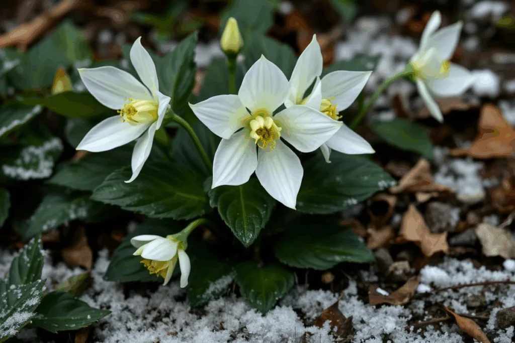 Weiße Christrose in voller Blüte auf einem winterlichen Grab