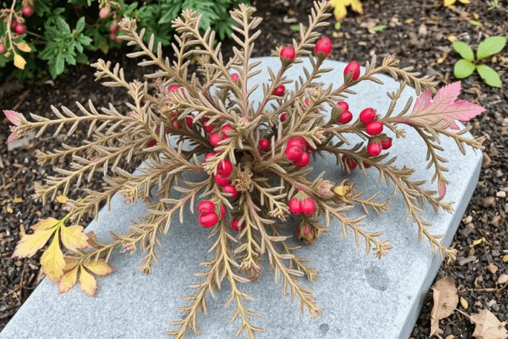 Zwergmispel mit roten Beeren und herbstlich gefärbten Blättern auf einem Grab