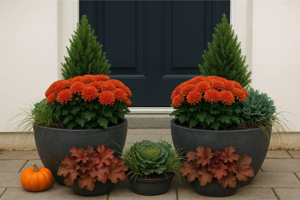 Zwei herbstlich bepflanzte Kübel mit Chrysanthemen, Koniferen, Heuchera und Zierkohl vor der Haustür.