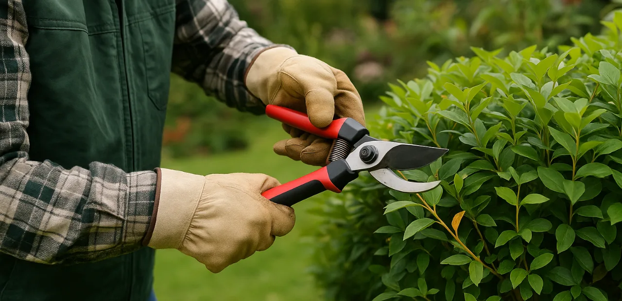 Gärtner schneidet im Oktober eine Ligusterhecke mit Gartenschere – Gehölzschnitt für gesunde Pflanzen.