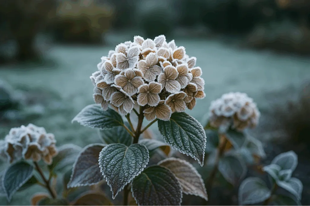 Hortensie mit Frostschutz im Oktober – gefrorene Blüten und Blätter im Garten bei kaltem Morgenlicht.