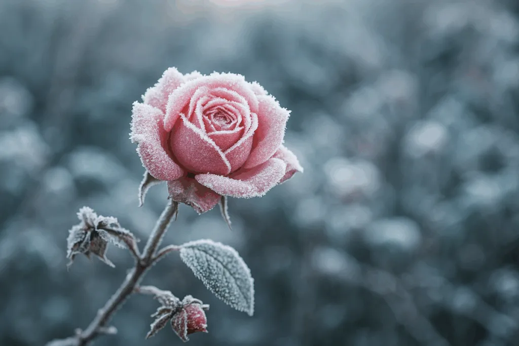 Frostbedeckte Rose im Wintergarten – zarte Blüte mit Eiskristallen, die Winterschutz für Rosen symbolisiert.