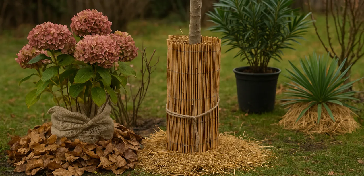 Garten im Oktober mit Hortensie, Feigenbaum und Yucca, alle mit Winterschutz aus Laub, Stroh und Vlies geschützt.