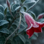 Dipladenia überwintern – rote Blüte mit Frost im Garten