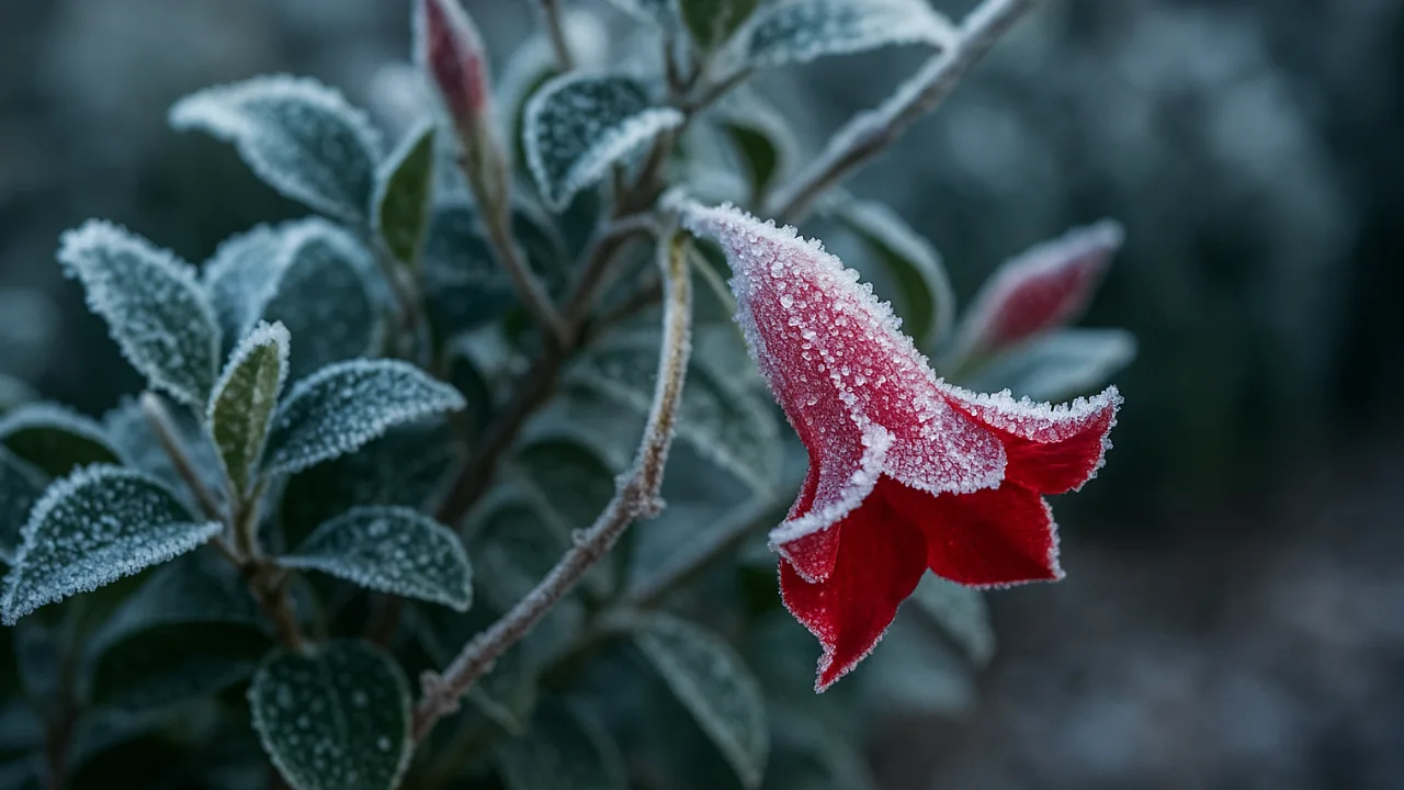 Dipladenia überwintern – rote Blüte mit Frost im Garten