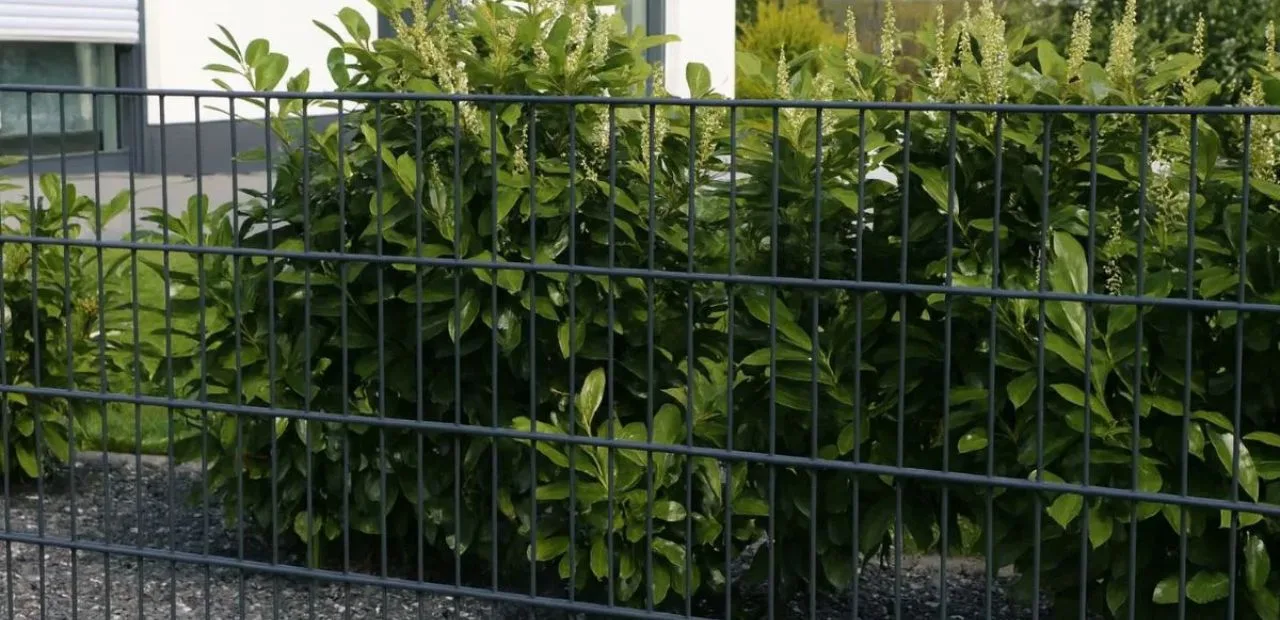 Doppelstabmattenzaun bepflanzen mit Kirschlorbeer – moderner Gartenzaun mit grüner, dichter Bepflanzung.