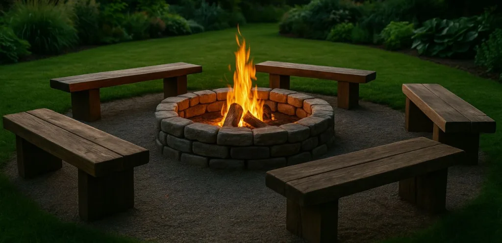 Feuerstelle im Garten mit Sitzgelegenheit - 5 Ideen für gemütliche Abende Runde Feuerstelle im Garten aus Natursteinen mit Holz-Sitzgelegenheiten, umgeben von Rasen und grüner Bepflanzung.