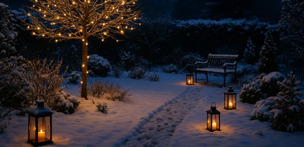 Garten weihnachtlich dekorieren - 3 kreative Ideen für draußen Außendeko Weihnachten mit Lichterketten am Baum und Laternen im verschneiten Garten