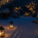 Weihnachtliche Außendeko mit Lichterketten im verschneiten Garten und leuchtenden Laternen am Weg