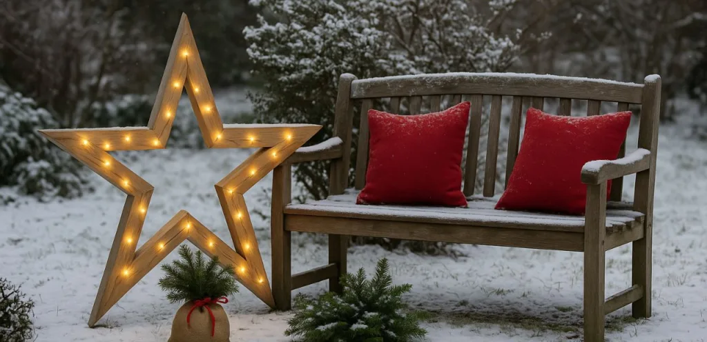 Garten weihnachtlich dekorieren - 3 kreative Ideen für draußen Weihnachts Außendeko mit Holzstern, Lichtern und Bank mit roten Kissen im verschneiten Garten.