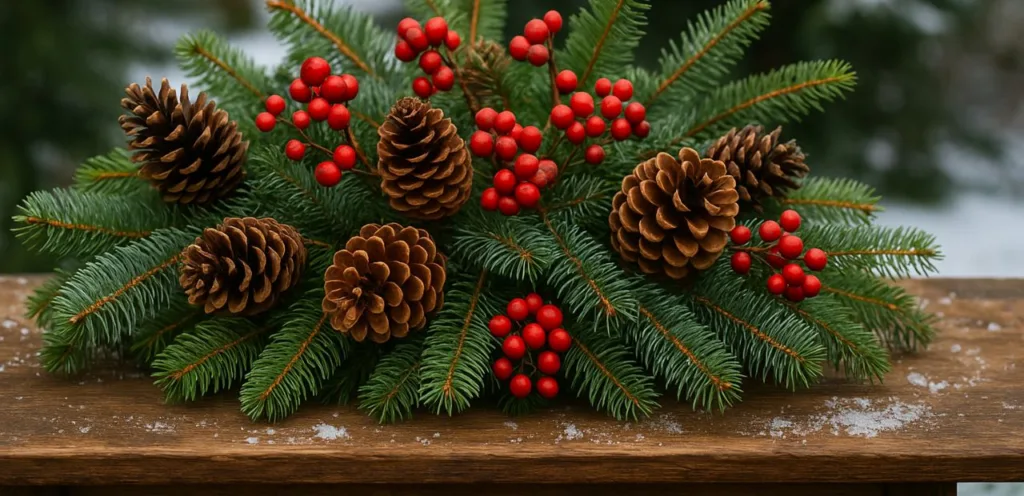 Garten weihnachtlich dekorieren - 3 kreative Ideen für draußen Weihnachts Außendeko mit Tannenzweigen, Zapfen und roten Beeren im Garten auf Holztisch arrangiert