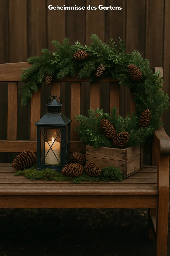 Gartenbank weihnachtlich dekoriert mit Tannenzweigen, Zapfen und Laterne