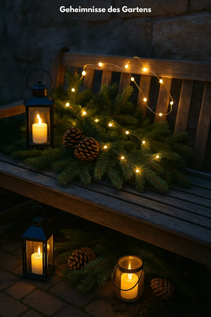 Gartenbank weihnachtlich dekoriert mit Lichterkette, Tannenzweigen und Laternen