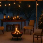 Winterliche Gartenparty mit Feuerstelle unter Pavillon, Lichterketten und Dekoration – Geburtstag im Winter feiern.