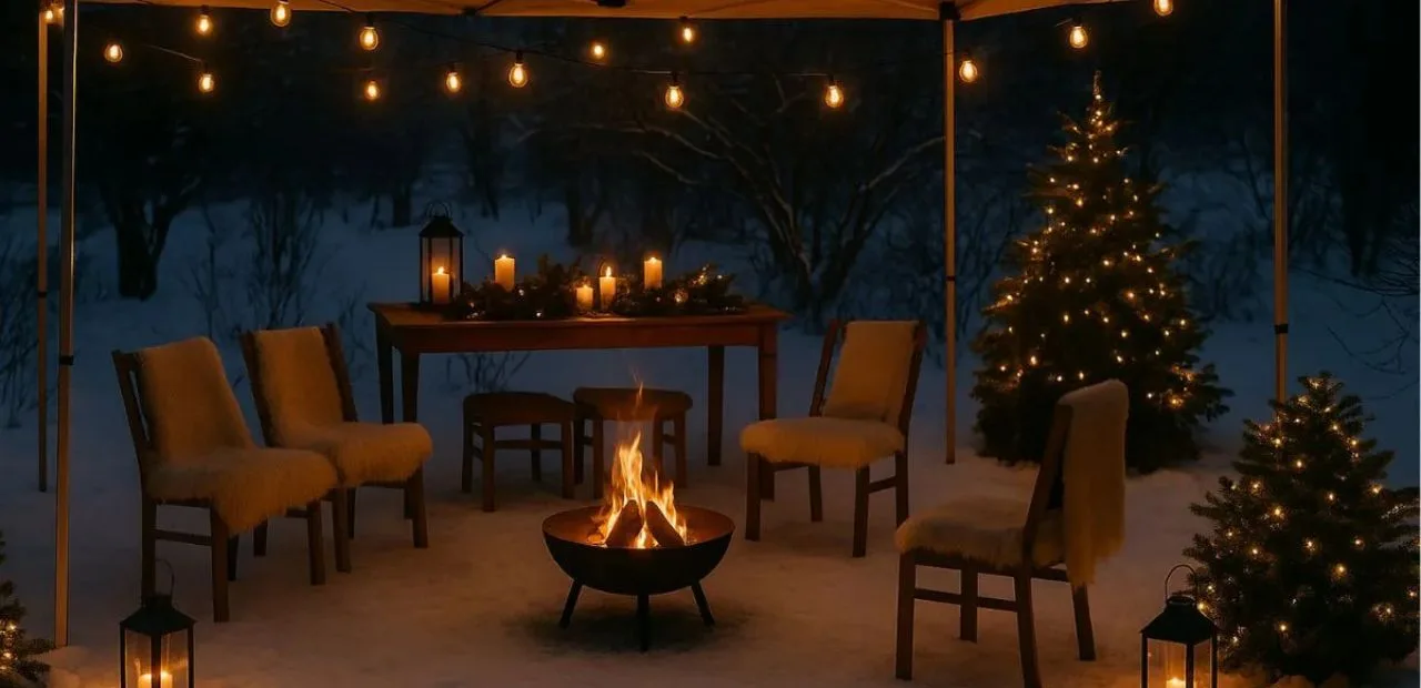 Geburtstag im Winter feiern – so wird die Gartenparty einzigartig Winterliche Gartenparty mit Feuerstelle unter Pavillon, Lichterketten und Dekoration – Geburtstag im Winter feiern.