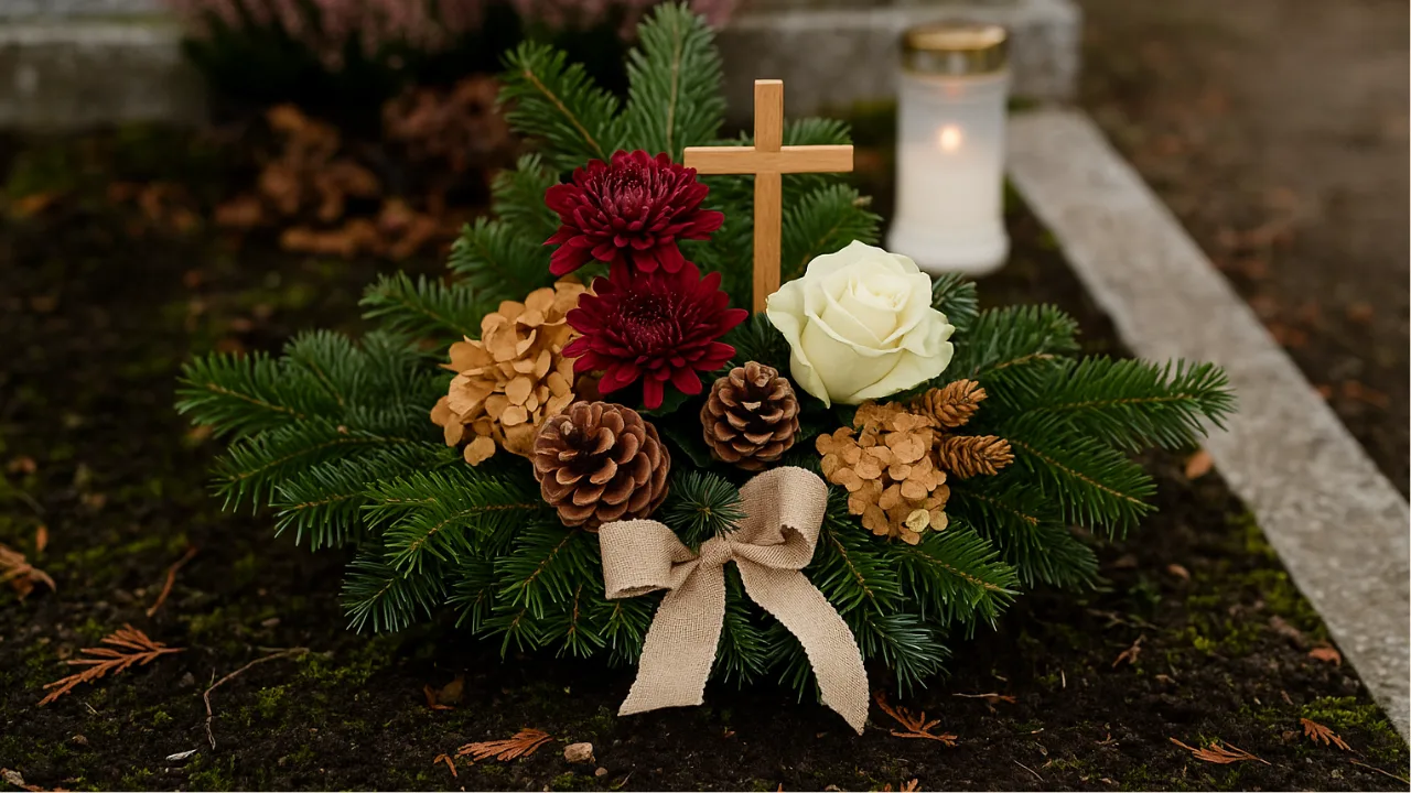 Grabgesteck zu Allerheiligen mit Tannengrün, Chrysanthemen und Holzkreuz auf Friedhof