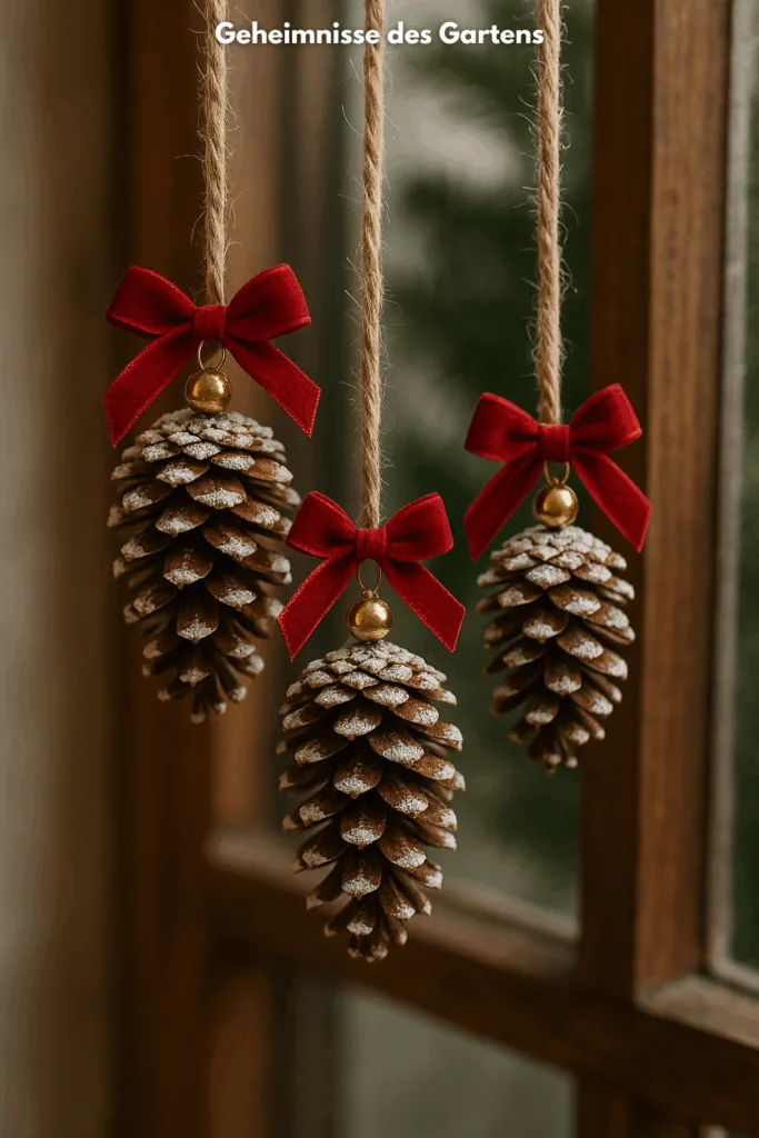 Weihnachtsdeko basteln mit Tannenzapfen – 3 wunderschöne Ideen Hängende Tannenzapfen mit roten Schleifen als Weihnachtsdeko basteln