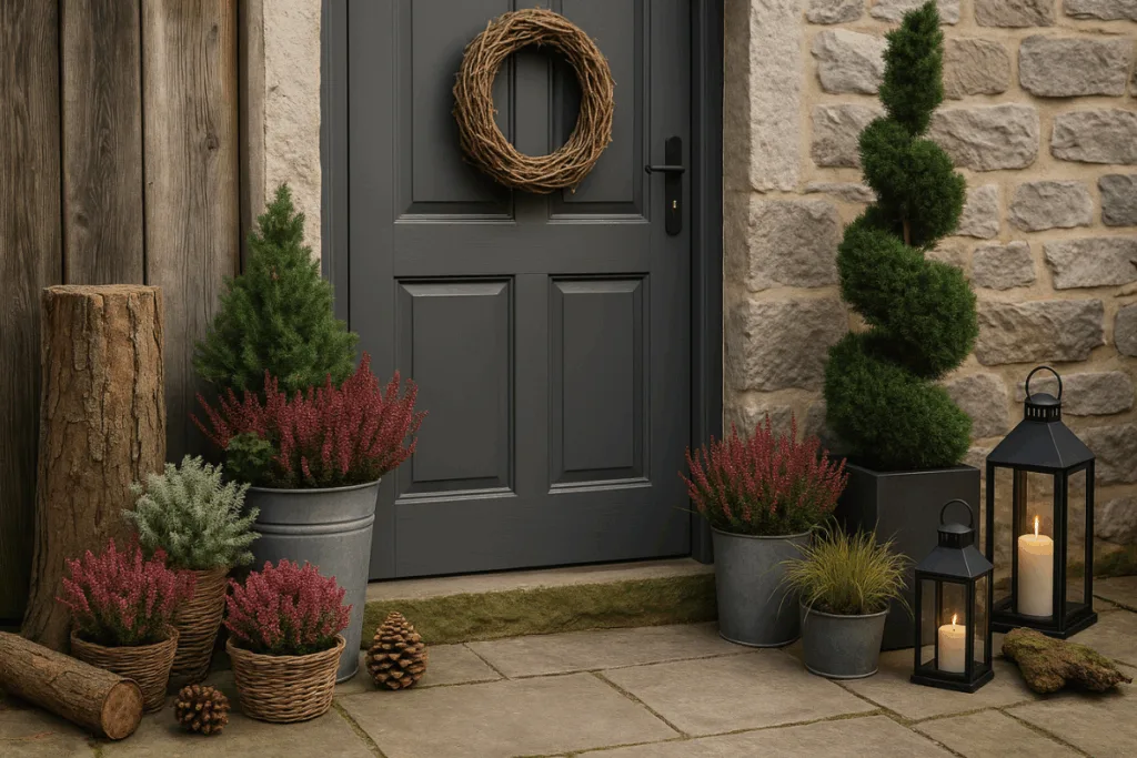 Hauseingang im November mit rustikaler und moderner Gestaltung aus Pflanzen und Deko