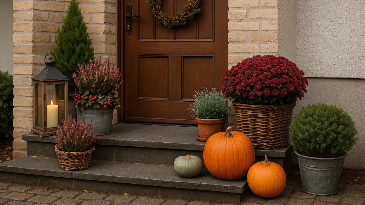 Hauseingang im November mit Chrysanthemen, Kürbissen und Laterne in herbstlicher Deko