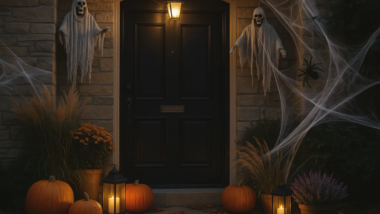 Hauseingang im Oktober mit Kürbissen, Laternen und Halloween-Deko gestalten