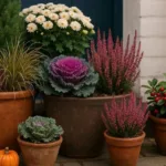 Herbstbepflanzung in Kübeln vor der Haustür mit Chrysanthemen, Heuchera, Zierkohl und Besenheide.
