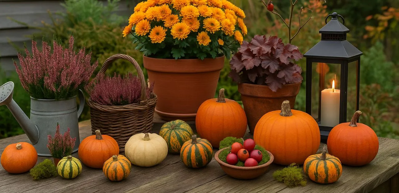 Herbstdeko für draußen – Ideen, Tipps und Inspiration für deinen Garten Herbstdeko draußen mit Kürbissen, Chrysanthemen, Heide und Laterne – stimmungsvolle Gartendeko im Herbst.