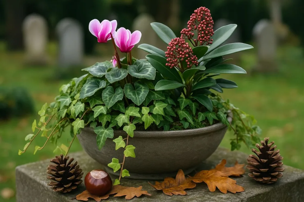 Herbstliche Grabschale mit Efeu, Alpenveilchen und Skimmie auf Grabstein, natürlich dekoriert mit Zapfen und Blättern.