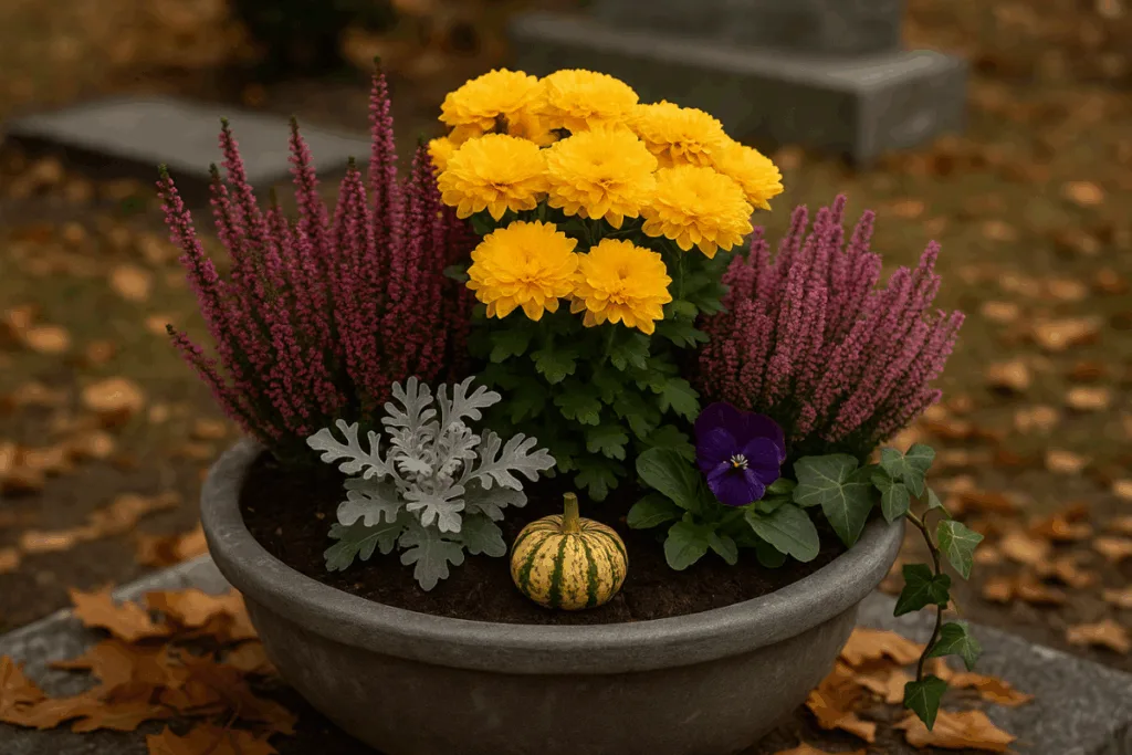 Herbstliche Grabschale mit gelben Chrysanthemen, Heide, Silberblatt und Efeu auf Grabstein – Idee 1 Grabschale Herbst