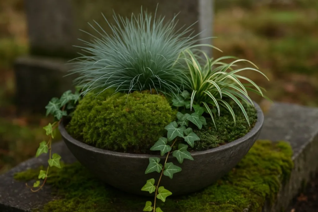 Herbstliche Grabschale mit Moos, Efeu und Ziergräsern auf Grabstein – natürliche Idee für den Herbst.