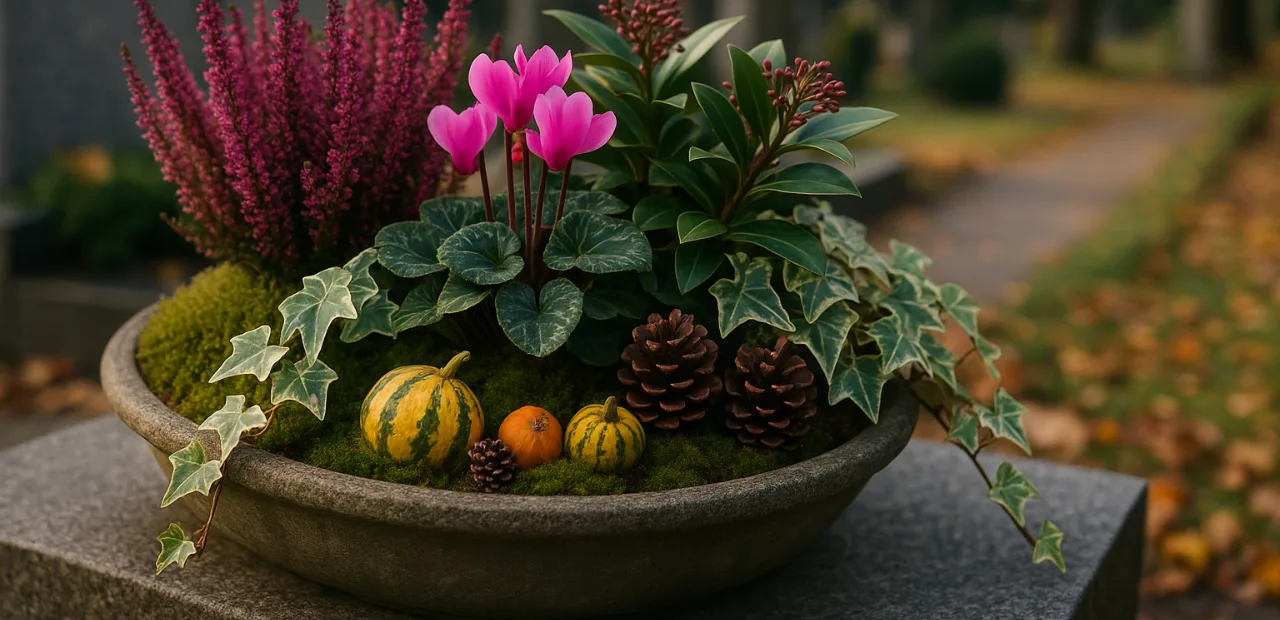 Herbstliche Grabschale mit Heide, Alpenveilchen und Efeu auf Grabstein, stimmungsvolle Grabgestaltung im Herbst