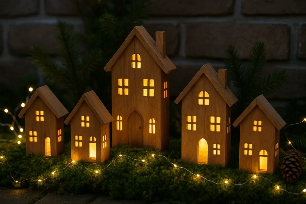 Weihnachtliche Außendeko aus Holz - 3 kreative Ideen für draußen Miniatur-Holzhäuser als Weihnachtsdeko im Garten mit Lichterkette und Moos