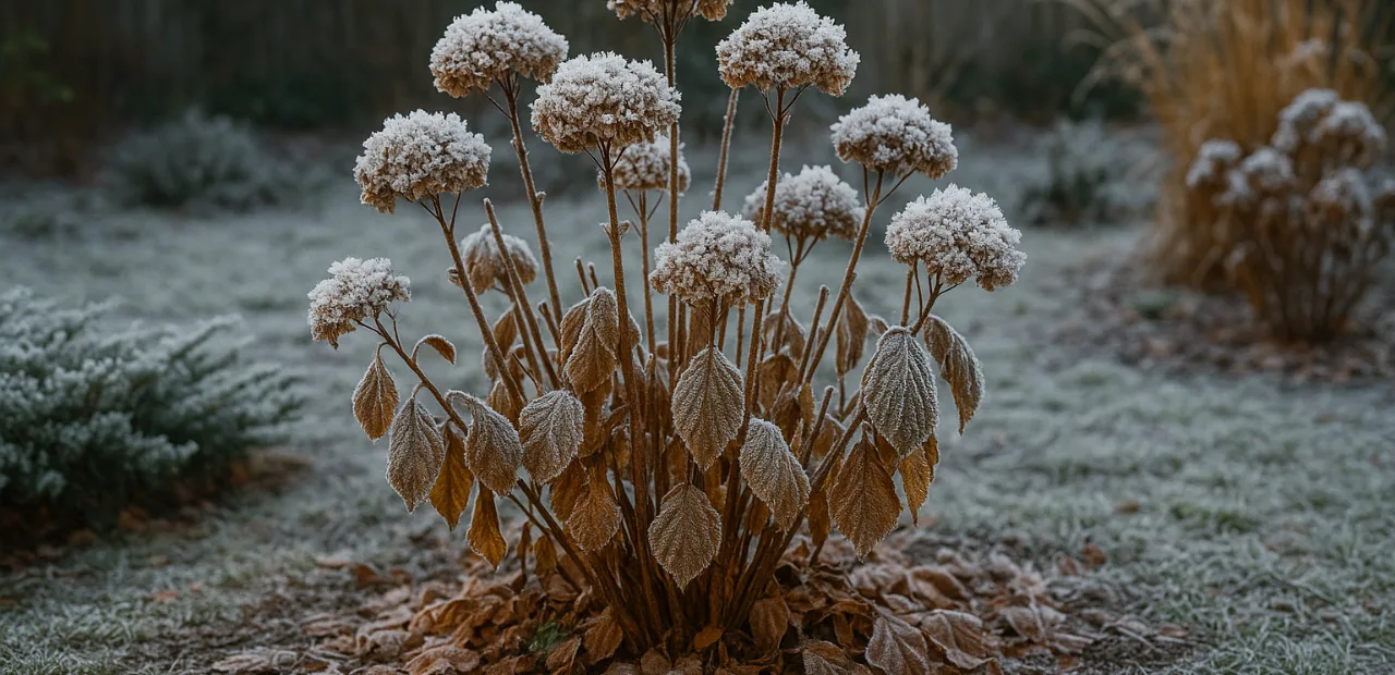 Hortensie im Wintergarten mit Frost auf Blüten und Blättern – Tipps zum richtigen Überwintern von Hortensien.