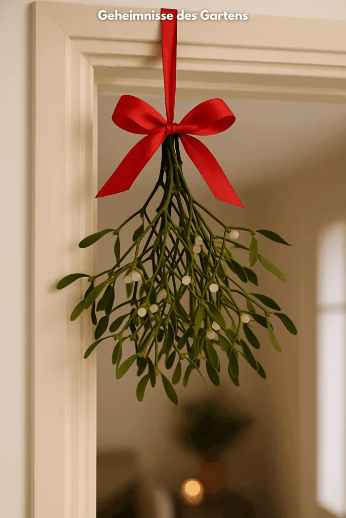 Mistelzweig Deko Weihnachten mit rotem Band über Türrahmen für festliche Stimmung