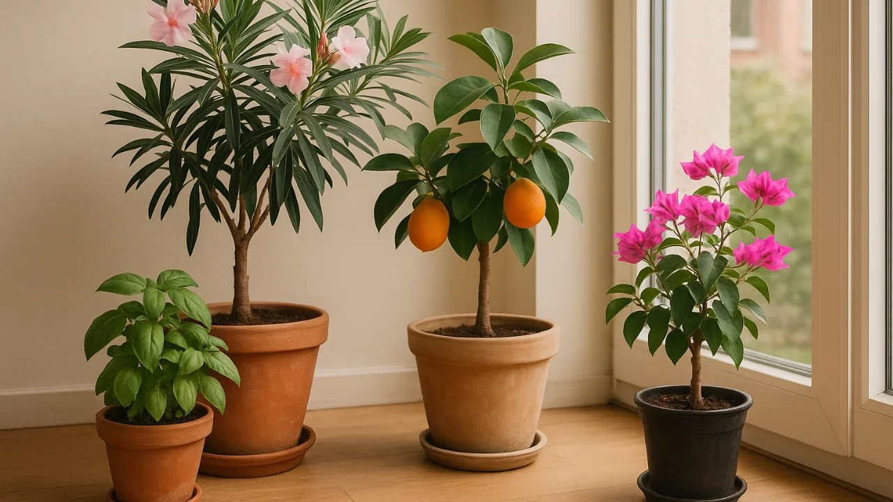 Oleander, Zitruspflanze, Bougainvillea und Basilikum im Haus überwintern
