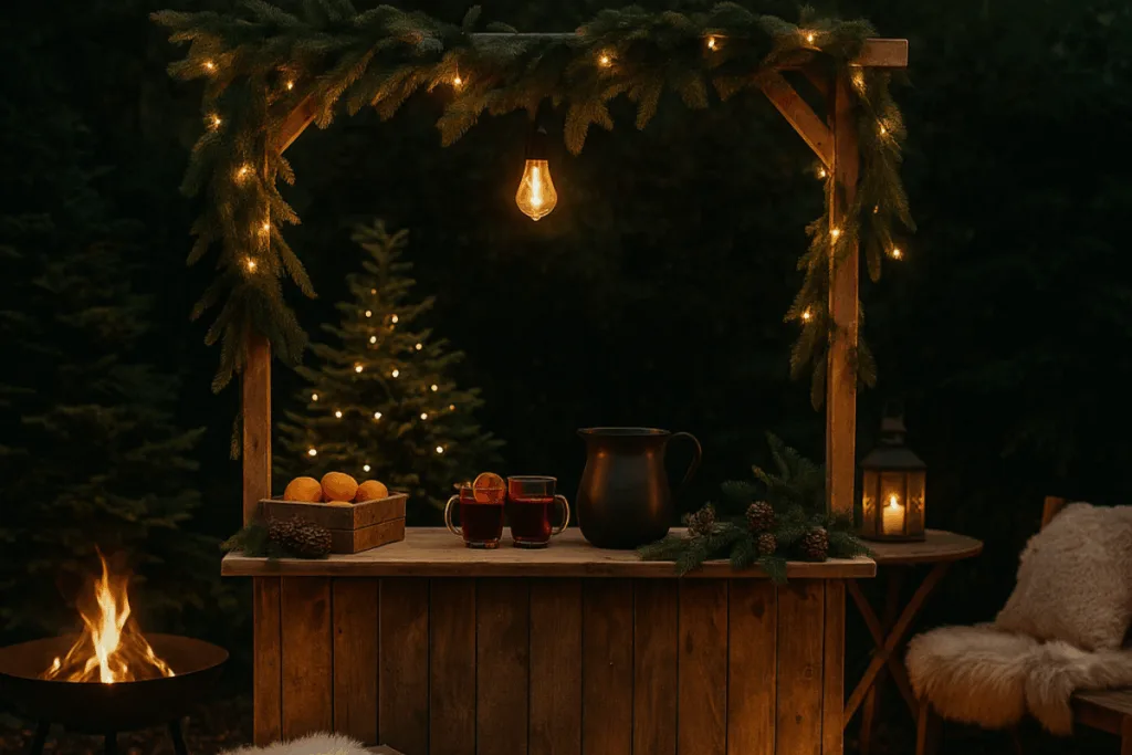 Weihnachtsmarkt zuhause im Garten mit Lichterketten, Feuerstelle und Holzstand