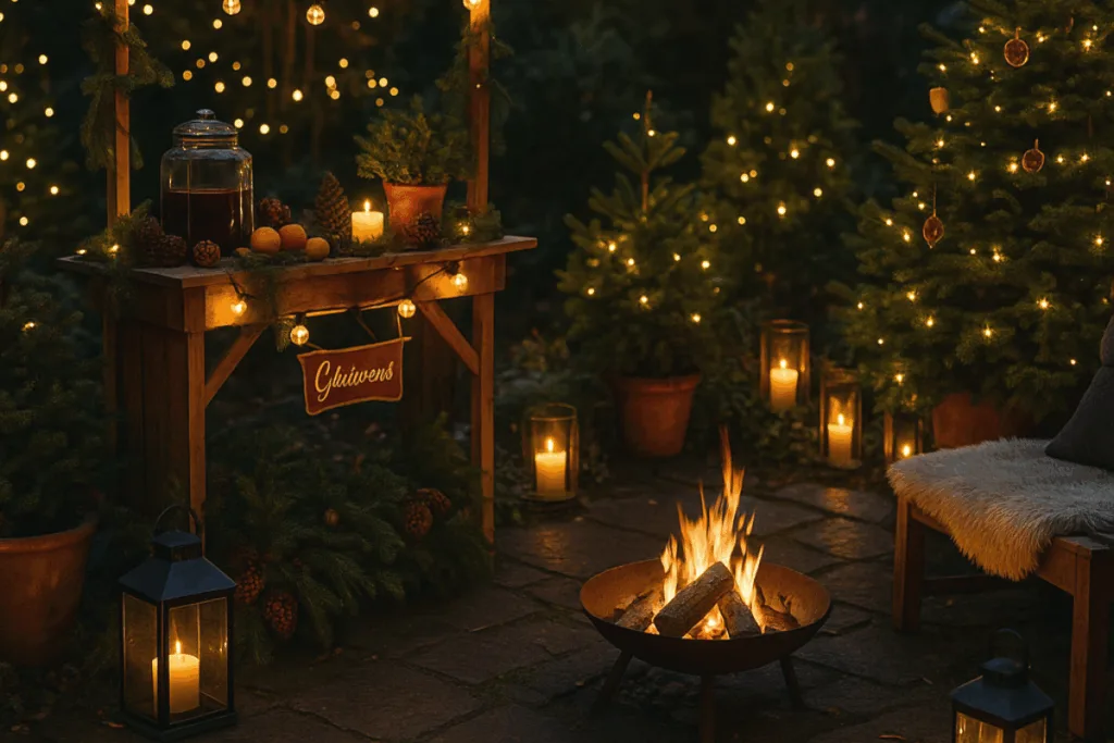 Weihnachtsmarkt zuhause im Garten mit Lichterketten, Feuerstelle und Tannendeko