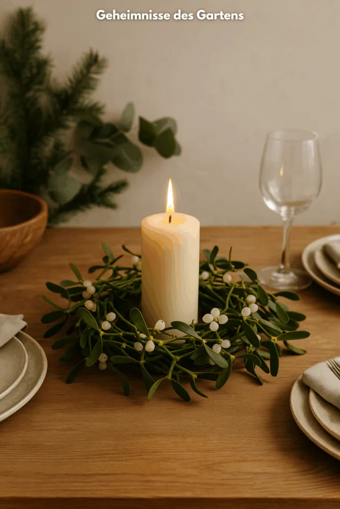 Weihnachtliche Tischdeko mit Mistelzweig-Kranz und brennender Kerze aus Naturmaterialien