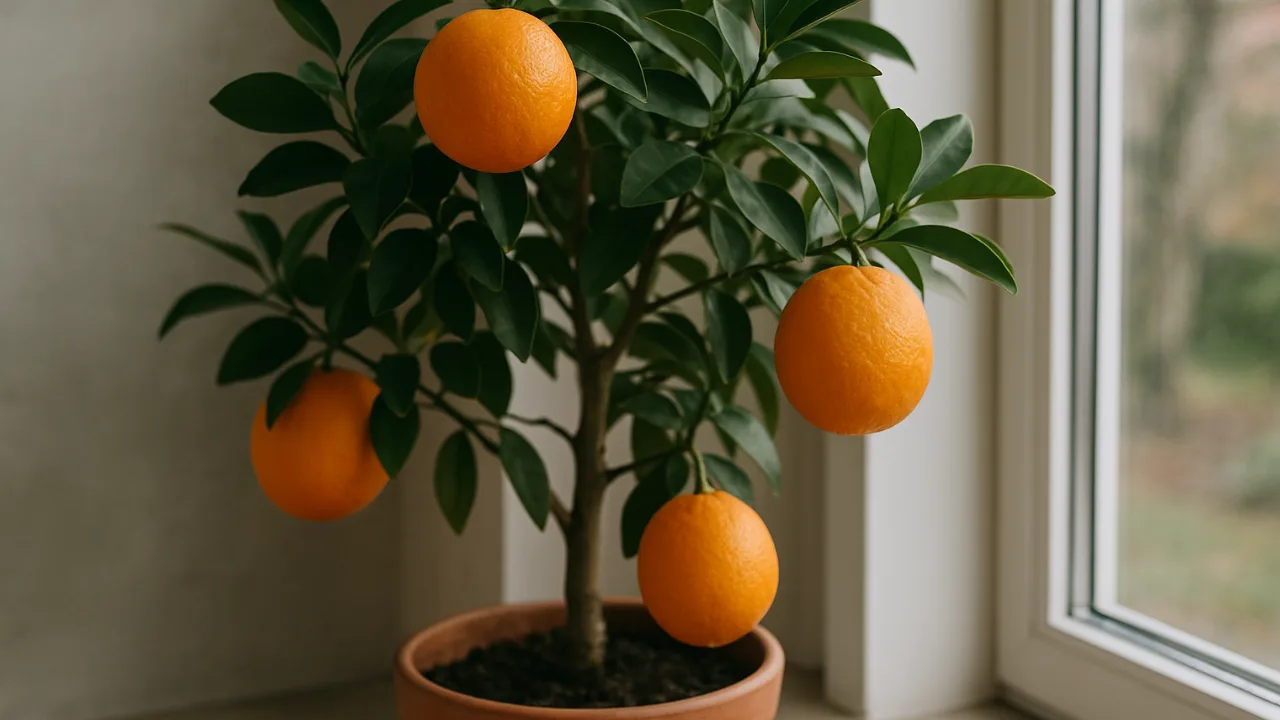 Orangenbaum überwintern – Tipps für Standort, Temperatur & Pflege Orangenbaum im Topf am Fenster überwintern mit grünen Blättern und reifen Früchten