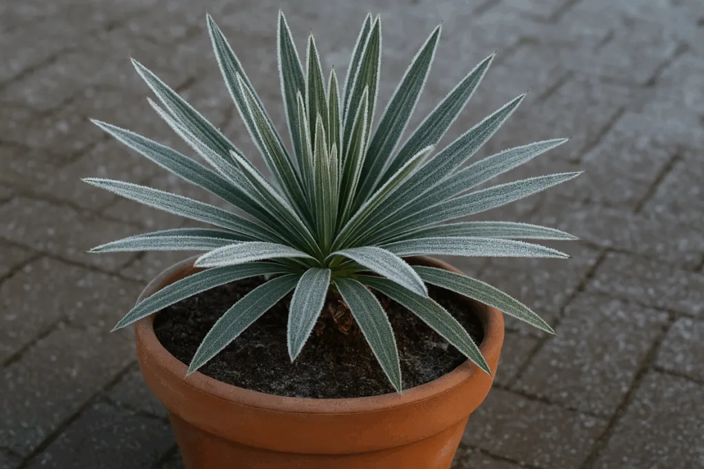 Palmlilie im Topf mit Frost auf Blättern – Yucca winterhart überwintern im Garten bei kaltem Wetter
