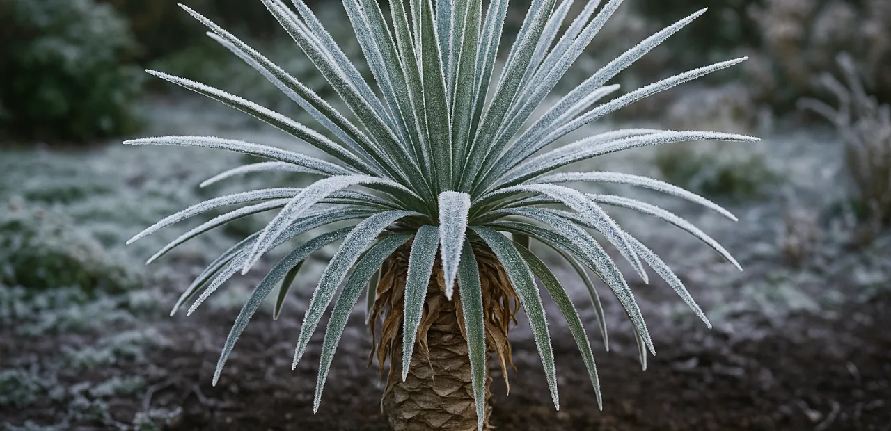 Palmlilie im Winter mit Raureif auf den Blättern – Tipps zum richtigen Überwintern der Palmlilie im Garten.