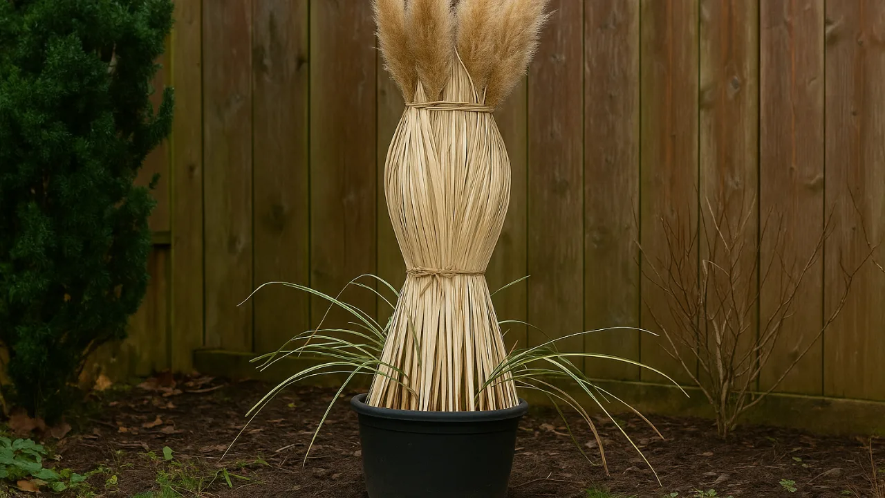 Pampasgras im Topf, für den Winter gebunden, im Garten vor Holzzaun platziert